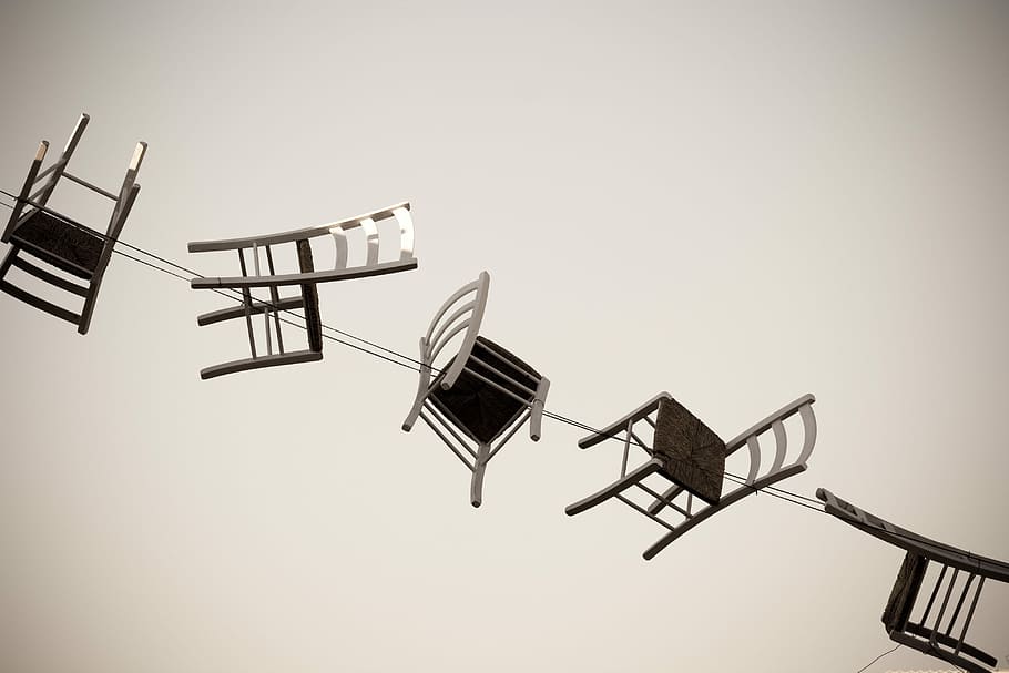 five brown wooden chairs, five chairs, art, design, cable, perspective HD wallpaper