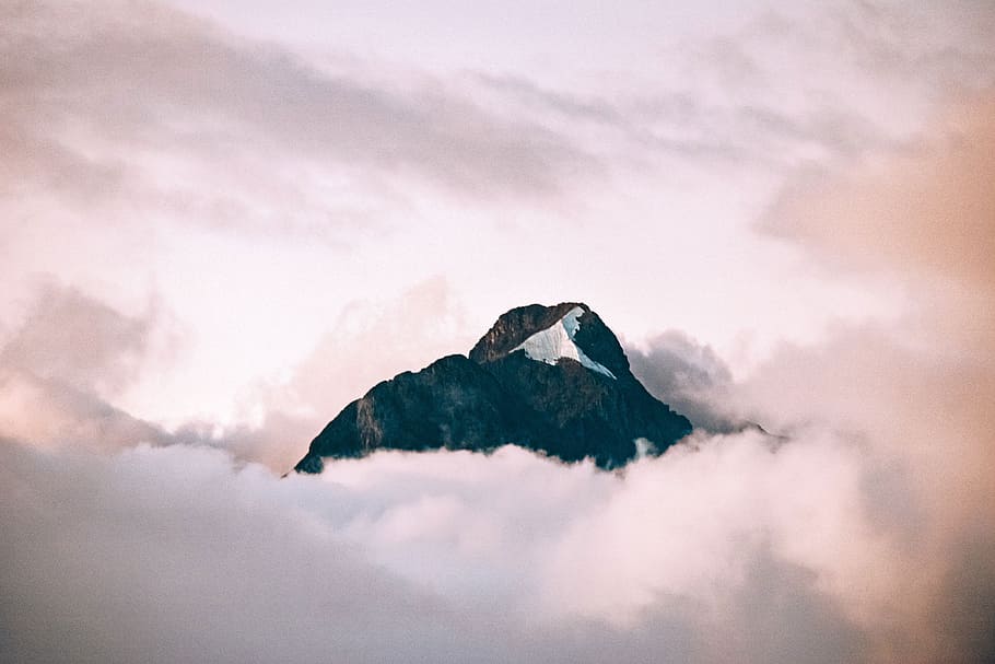 green and white filled mountains above white cloudy sky, mountain surrounded with white clouds HD wallpaper