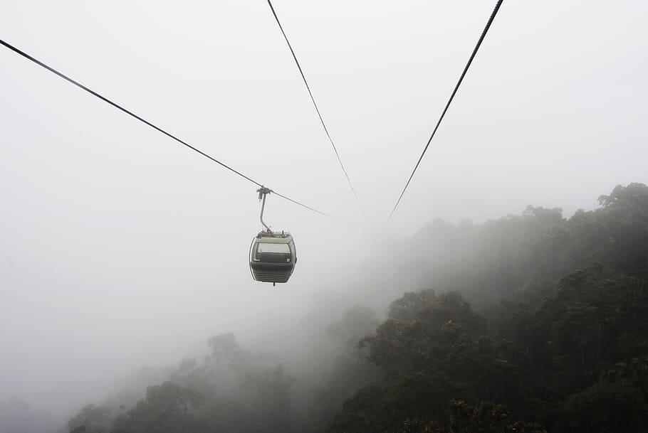 aerial photography of cable car during foggy daytime, mist HD wallpaper