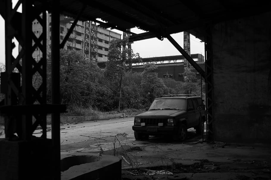 ruins, workshop, black and white, transportation, architecture HD wallpaper