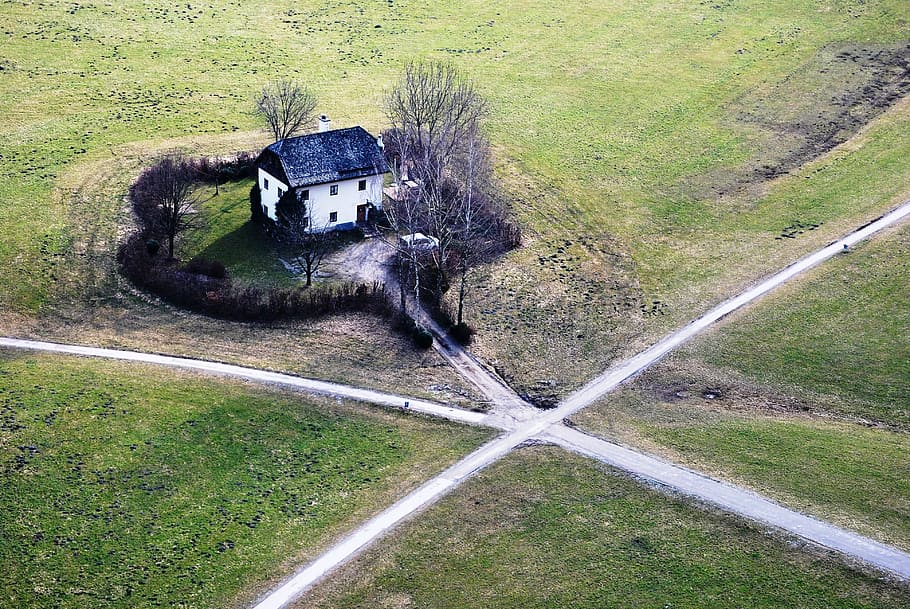 white and black house surround by bare trees, Roads, Field HD wallpaper