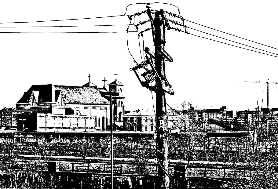 City, Dayton, Ohio, Church, urban, electric, wires, black And White, HD wallpaper