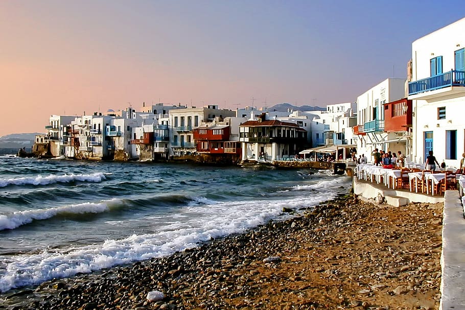 houses near sea, mykonos, water, beach, wave, travel, sky, blue, HD wallpaper