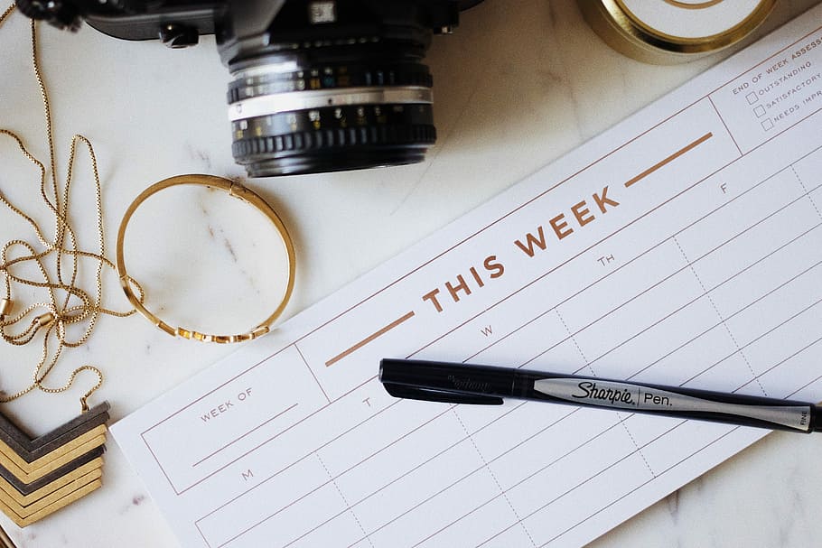 closeup photo of ballpoint pen near camera, black DSLR camera near ballpoint pen HD wallpaper