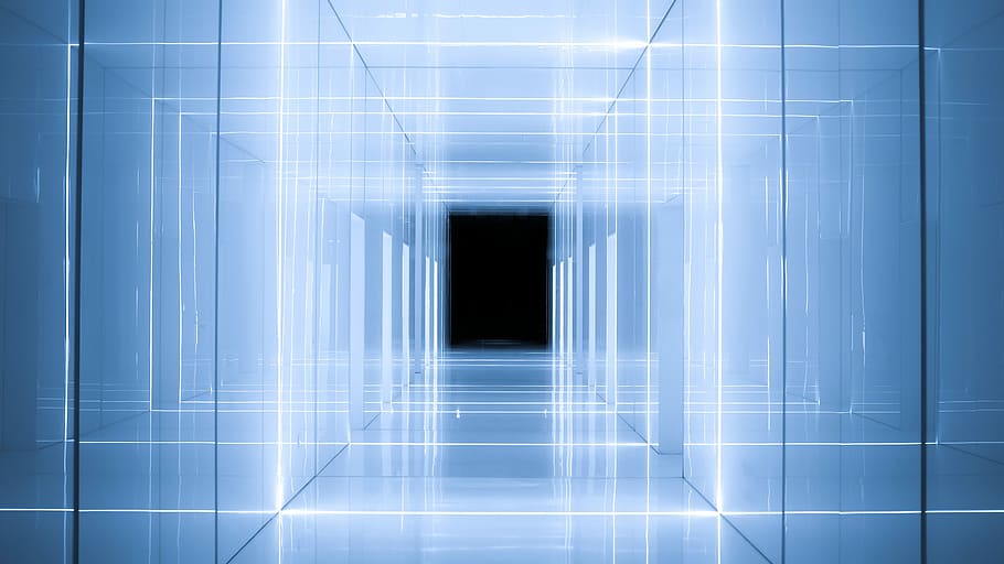 mirrored pathway, infinity mirror, hallway, blue neon, neon light, HD wallpaper