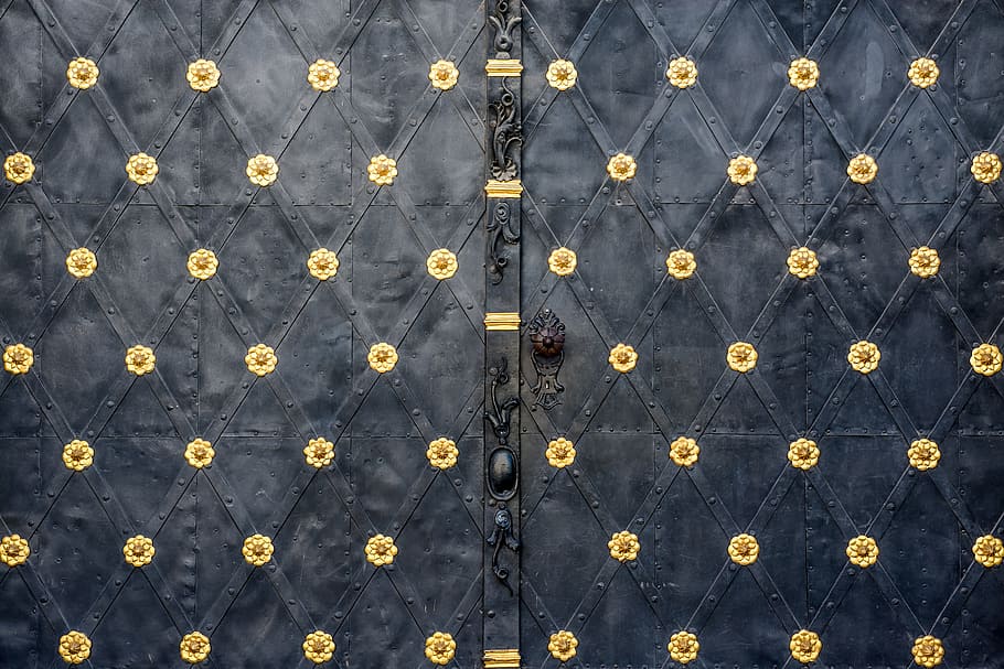 black and gold floral door, gate, iron, metal, texture, background, HD wallpaper