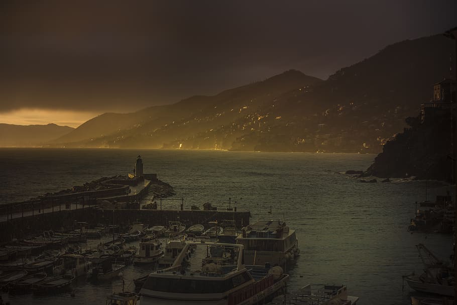 sunset, sea, lighthouse, mountain, water, sky, architecture HD wallpaper