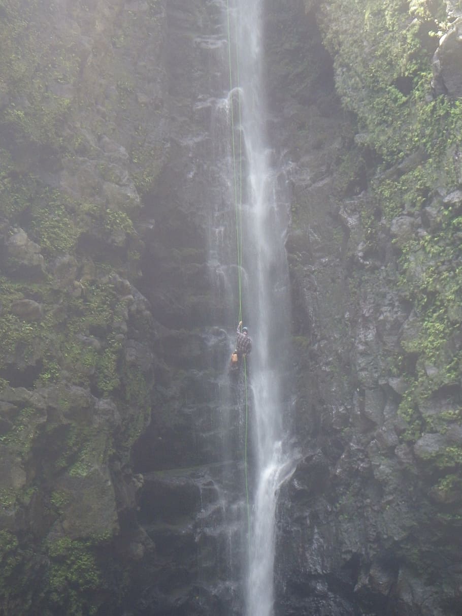 waterfall, rapel, rope, extreme, canyon, recreational, rappelling HD wallpaper