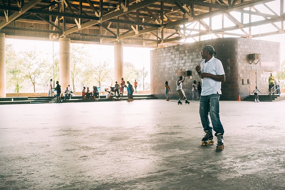 roller, skating, sport, floor, people, men, crowd, building HD wallpaper