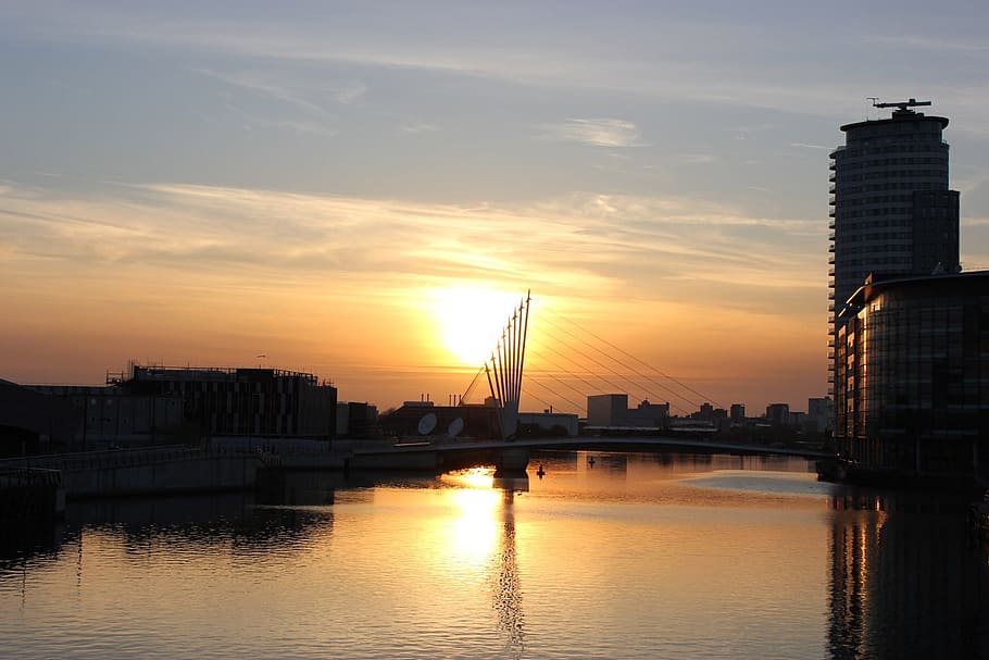 Sunset, Clouds, Water, River, Bridge, red, yellow, green, blue HD wallpaper