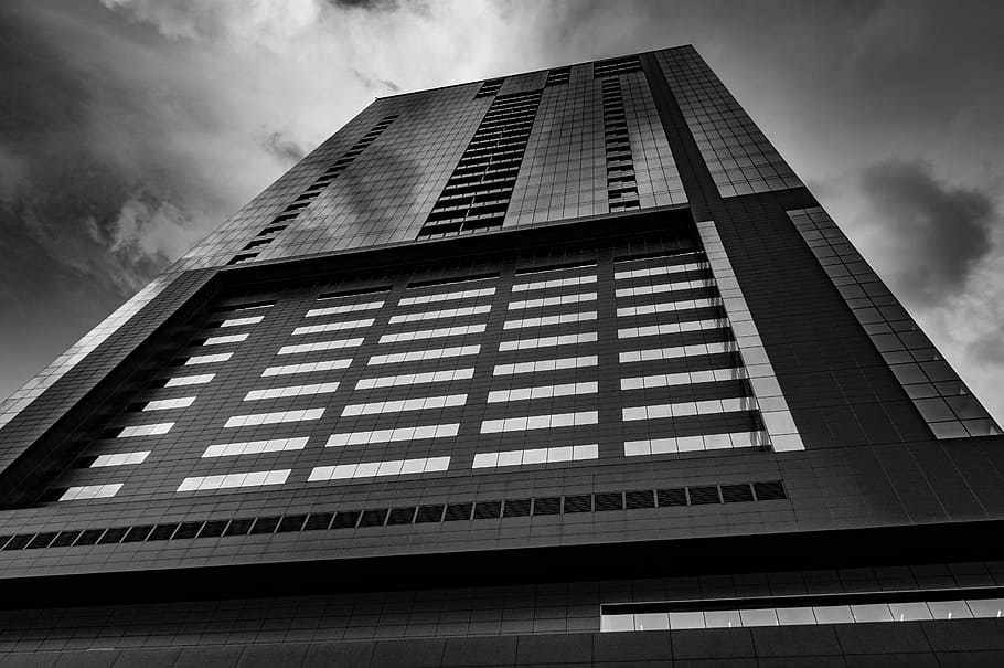 low-angle grayscale photo of curtain wall building, architecture