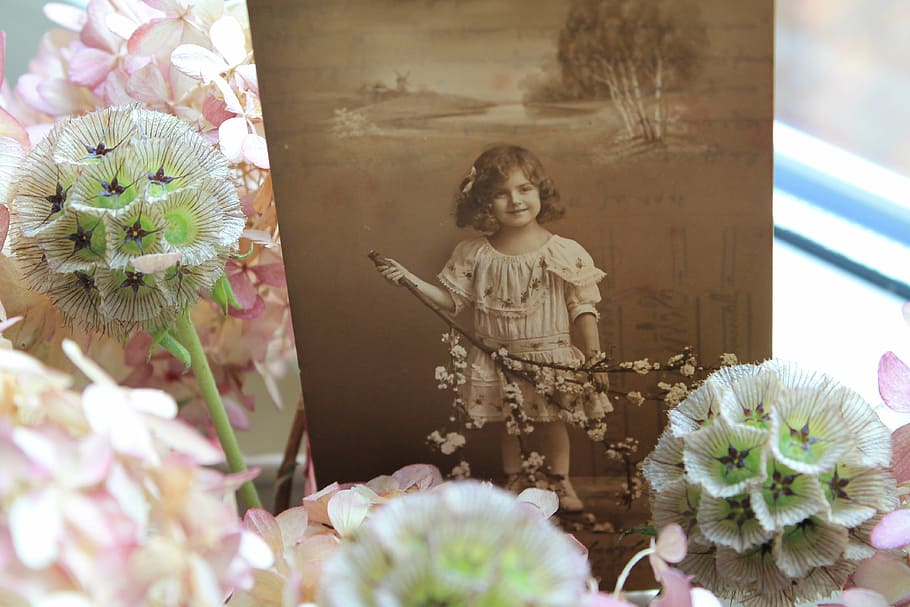 nostalgia, nostalgic, old, antique, photo, child, flowers, decoration HD wallpaper
