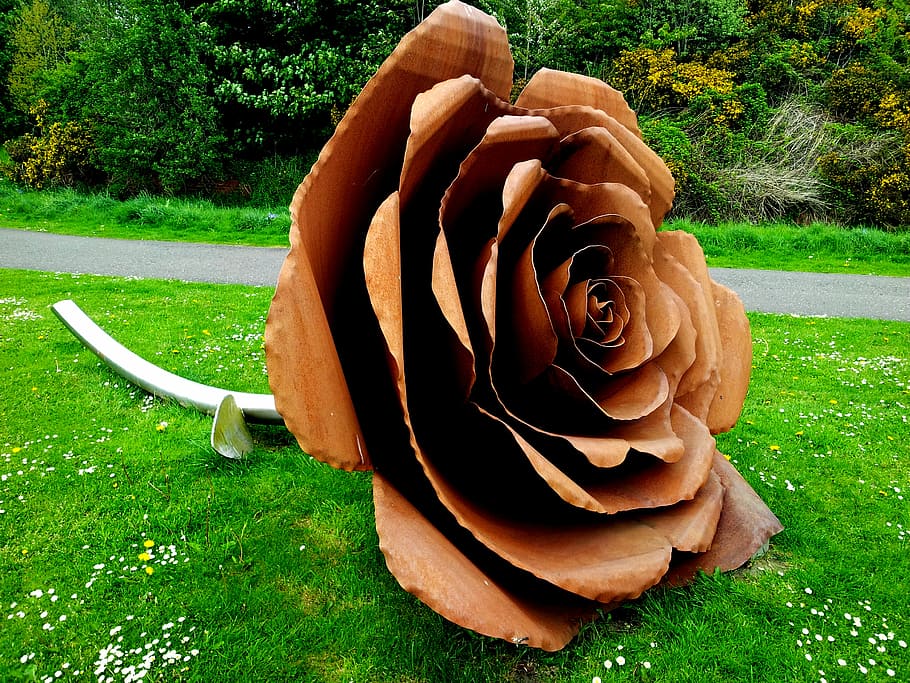 brown flower statue on garden, green, grass, trees, plant, nature HD wallpaper