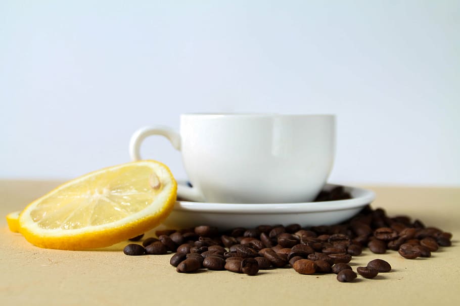 beans, café, coffee, cup, espresso, hot, lemon, mug, slice HD wallpaper