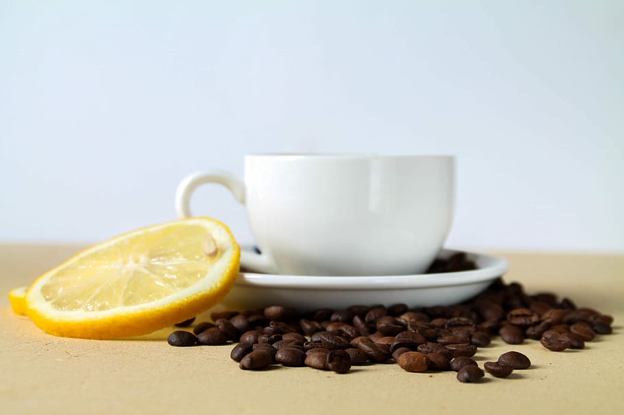 white ceramic mug, white ceramic cup beside sliced lime, coffee HD wallpaper