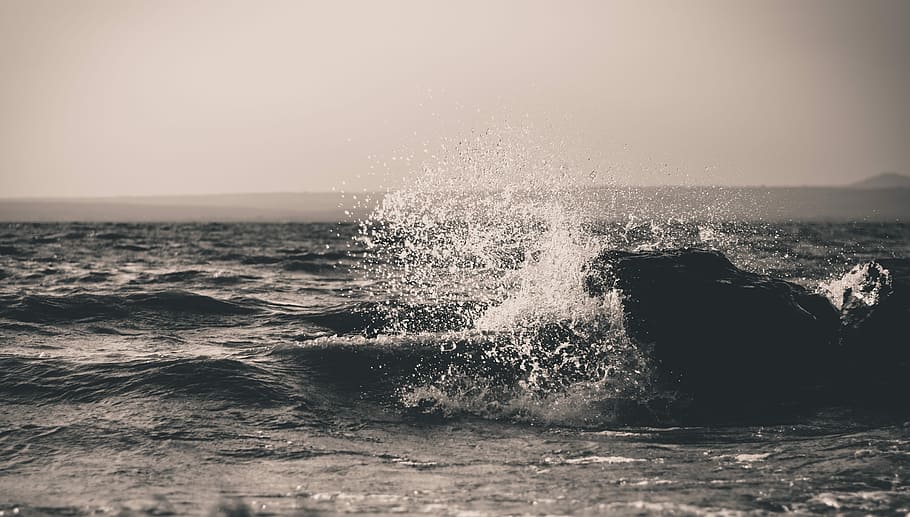 grayscale photography of water waves, waves, sea, wafe, ocean HD wallpaper