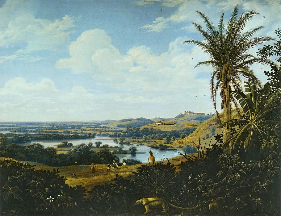 trees near body of water, frans post, art, artistic, painting