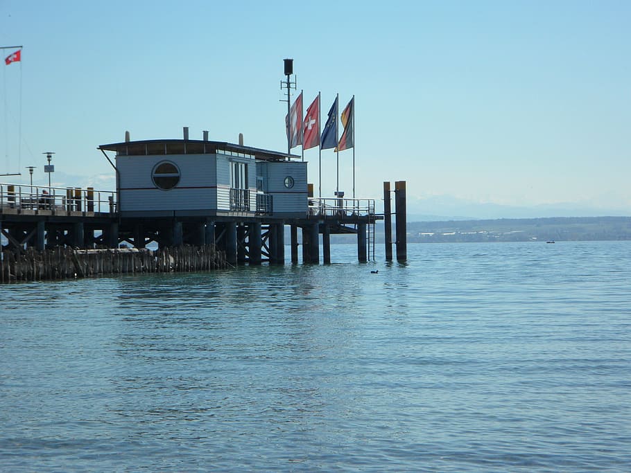 web, lake constance, ferry terminal, jetty, port, hagnau, flags, HD wallpaper