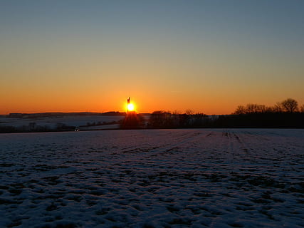 landscape, wintry, winter, field, arable, sunset, abendstimmung HD wallpaper