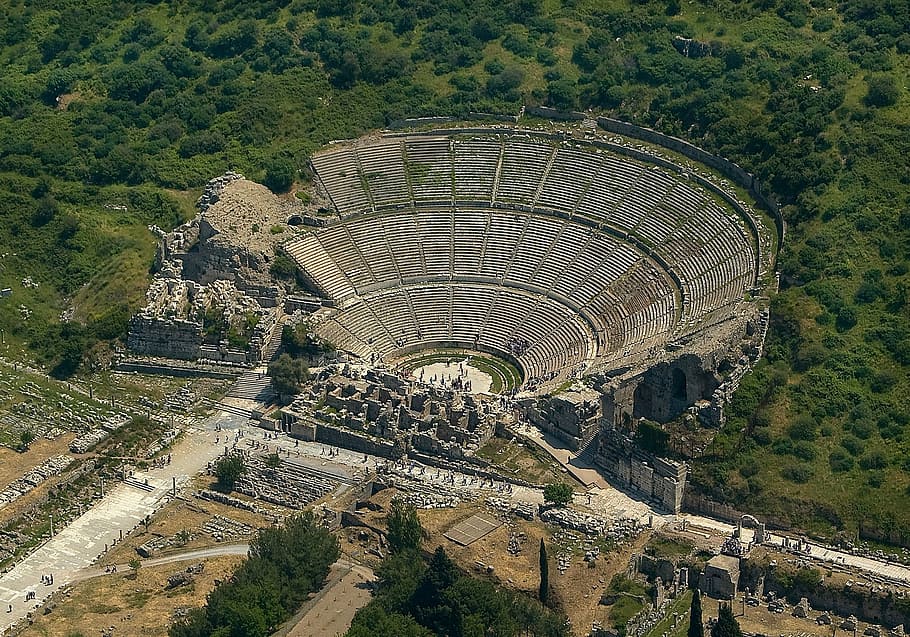 aerial shot of Colosseum, ephesus, turkey, greek, theatre, tourist