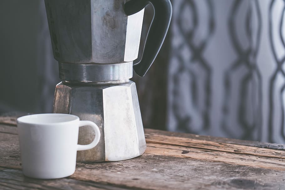 white mug beside moka pot, white ceramic mug beside moka pot HD wallpaper