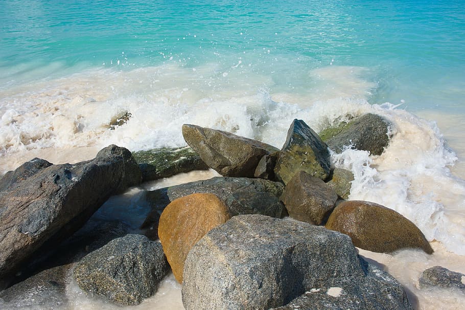 beach, rocks, surf, sea, ocean, water, coast, shore, island HD wallpaper