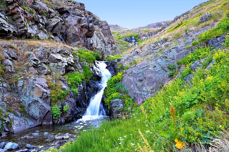 waterfalls near grass field, turkey, nature, landscape, kaçkars, HD wallpaper