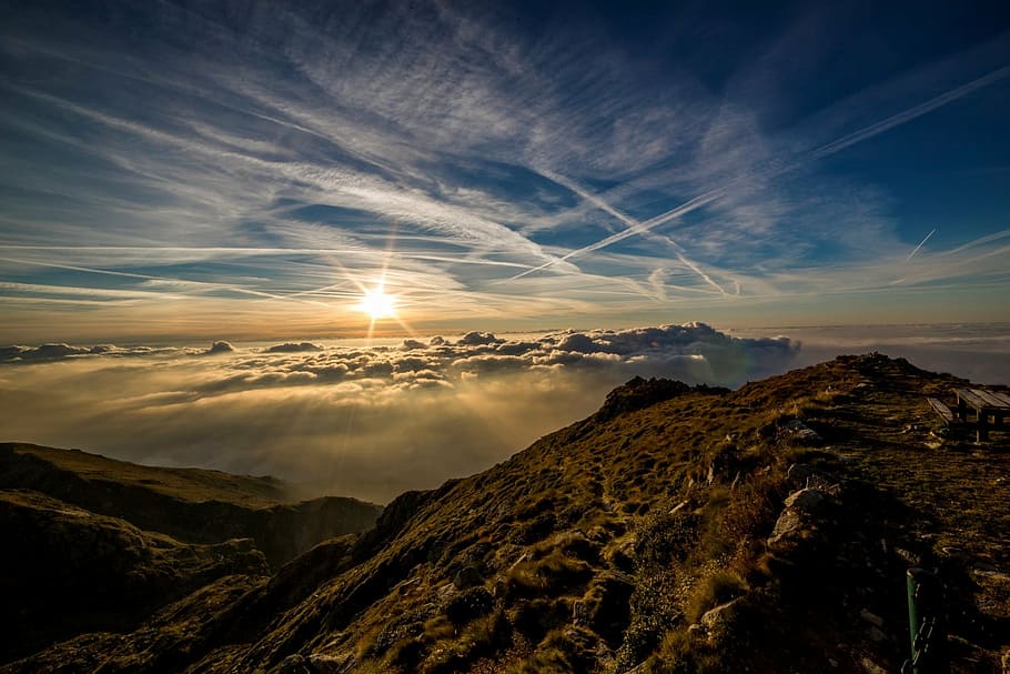 aerial mountain shot, dawn, sun, landscape, sunset, nature HD wallpaper