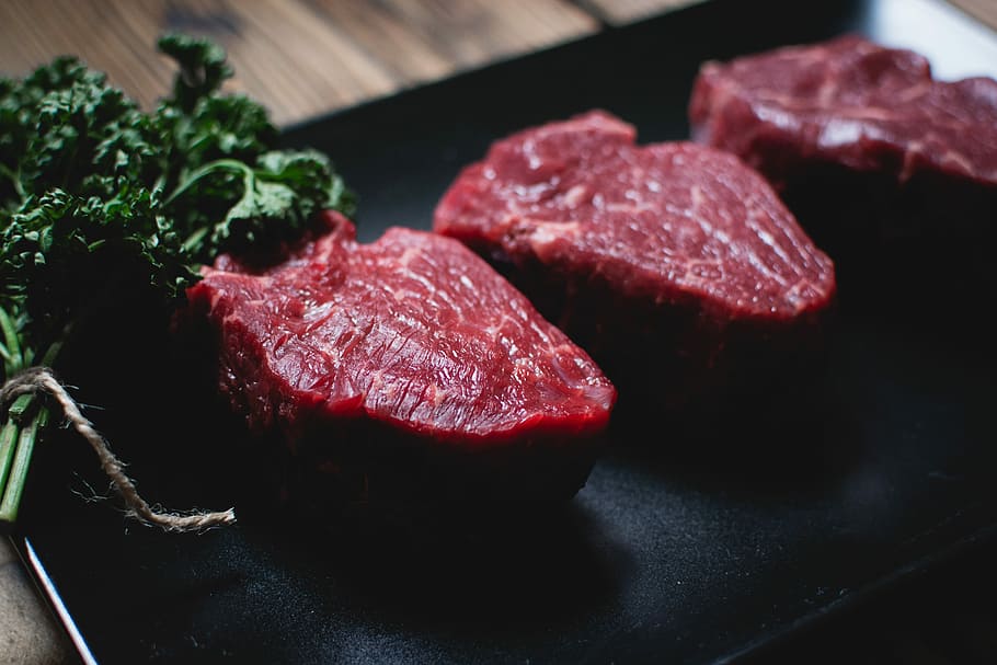 Raw beef steaks, close up, meat, paleo, wood, food, red, slice HD wallpaper