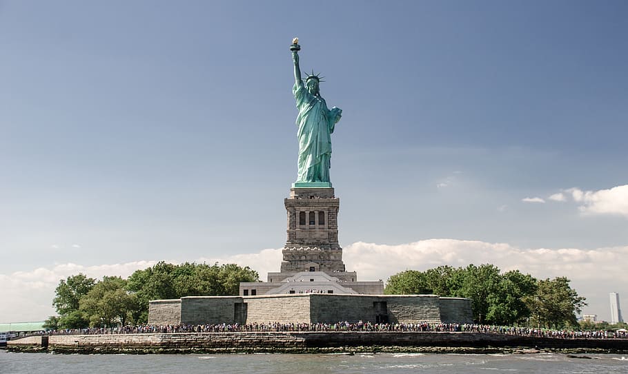 liberty, statue, blue, sky, clouds, tree, park, people, crowd HD wallpaper
