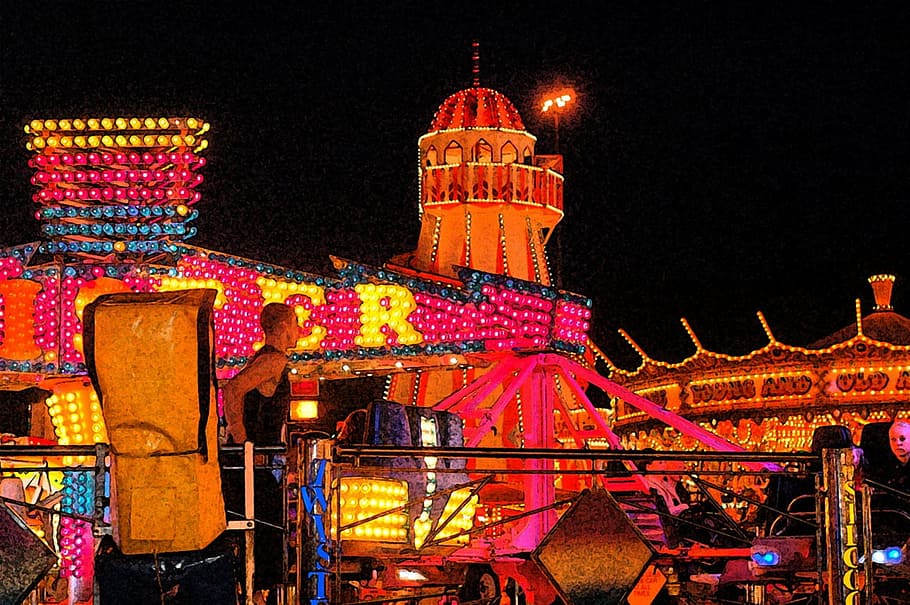 fair, fun, funfair, carousel, lights, bright, night, nottingham HD wallpaper