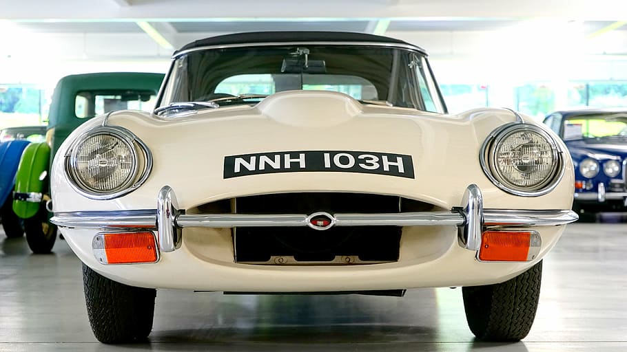 photo of white NNH 103H car, jaguar, e type, auto, vehicle HD wallpaper