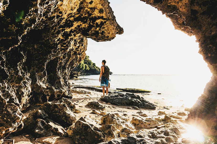 sand, beach, cave, rocks, nature, sea, ocean, water, people HD wallpaper