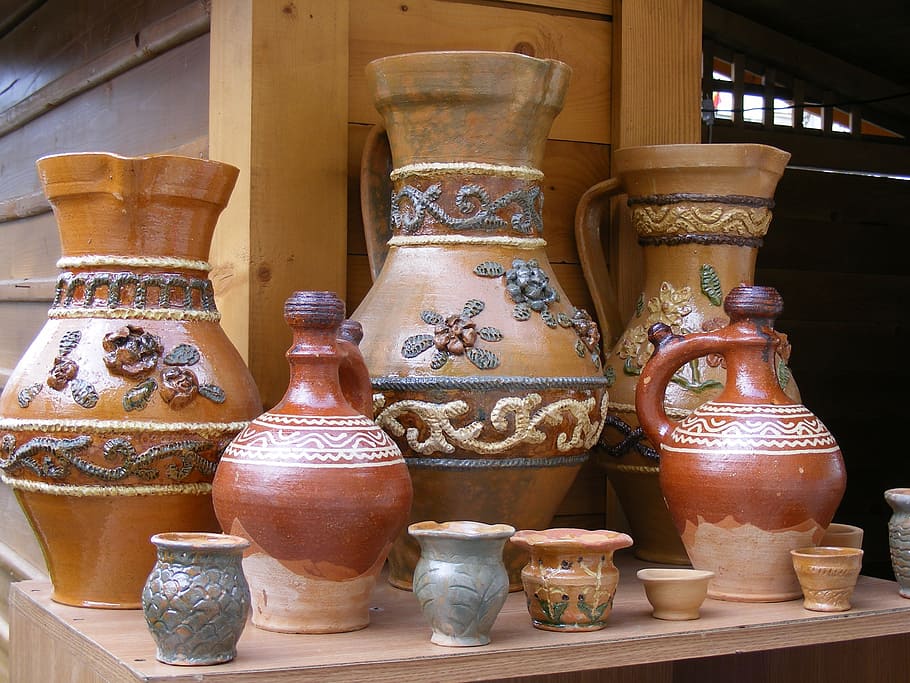 ceramic, clay, craftsmen, folk, gorj, jugs, painted, pots, pottery