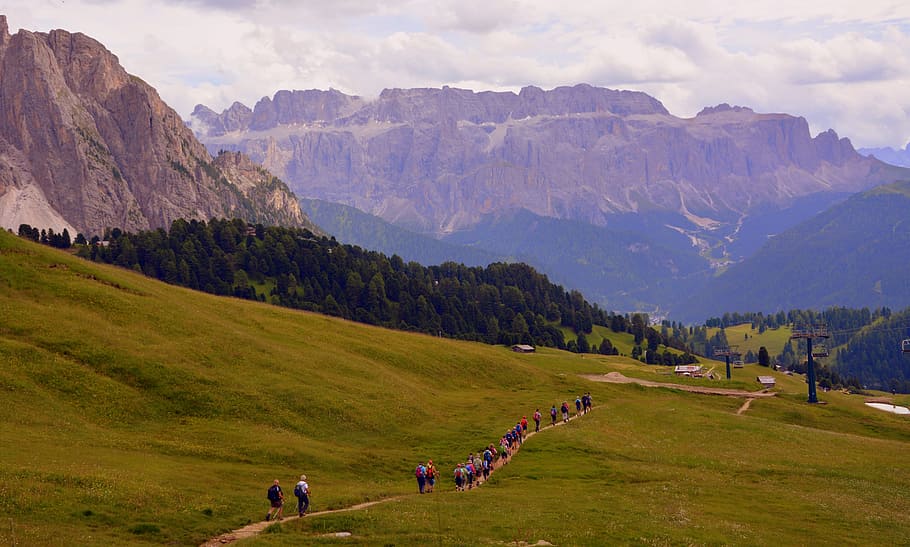 hiking, trail, dolomites, mountain, walk, group, backpack, excursion, HD wallpaper