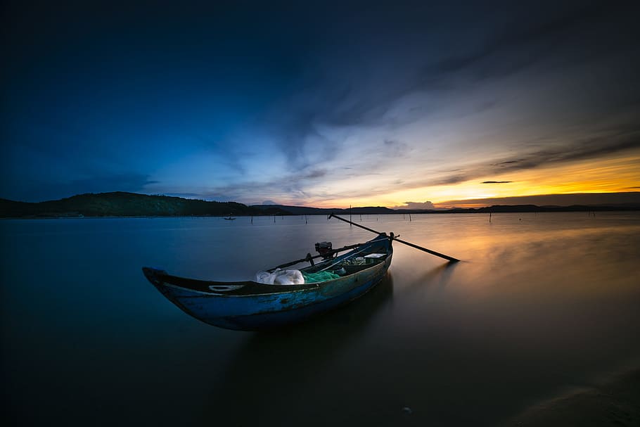 photo of canoe on body of water during golden hour, lonely, feeling, HD wallpaper