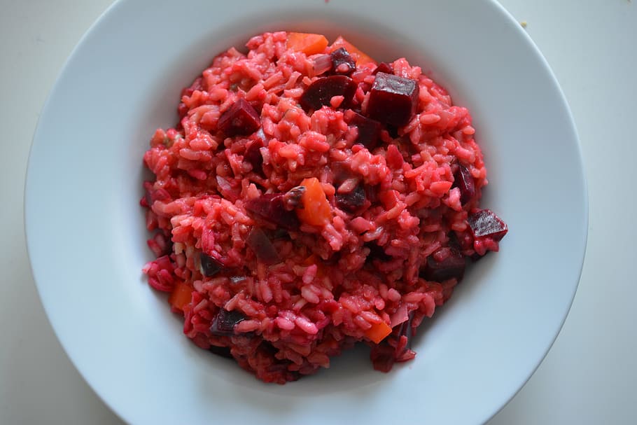 risotto, beetroot, eat, cook, food, plate, bio, delicious, red HD wallpaper