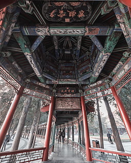 view of hallway temple, red and green wooden structure during daytime HD wallpaper