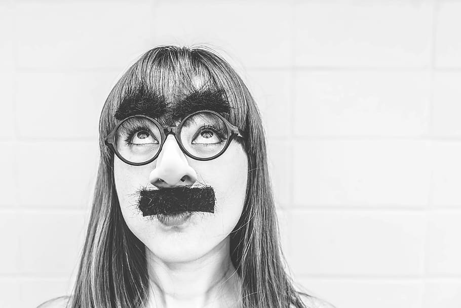 gray scale photo of woman wearing eyeglasses and mustache, people, HD wallpaper