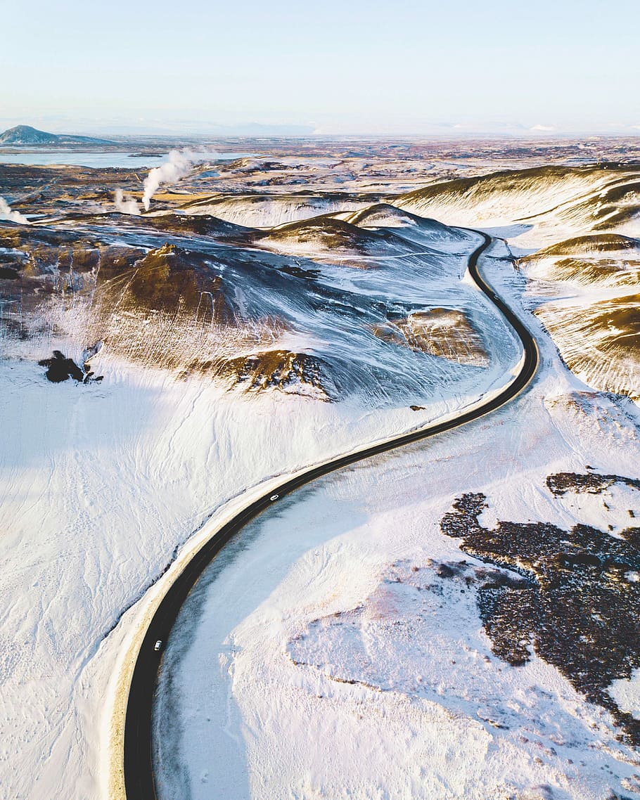bird's eye photography of road near mountains, aerial photography of snowy road HD wallpaper