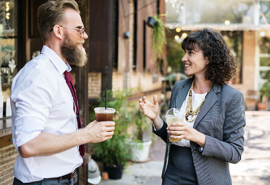 man and woman holding plastic cups, beard, beverage, break HD wallpaper