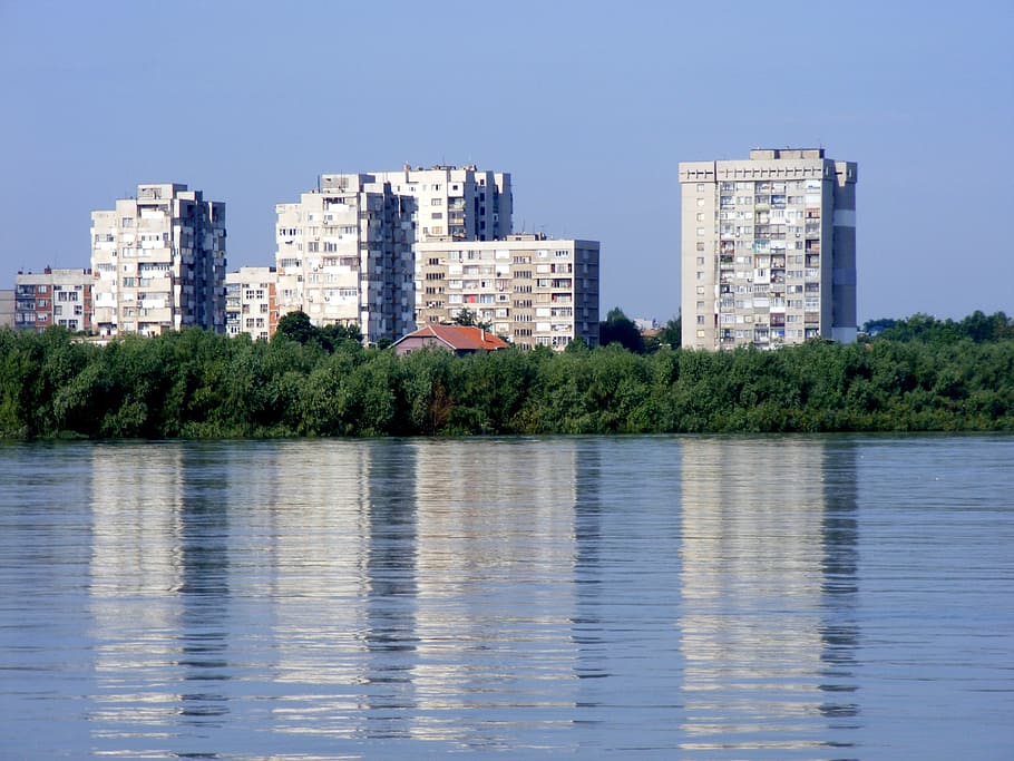 city, water, reflection, shadows, landscape, lake, buildings HD wallpaper