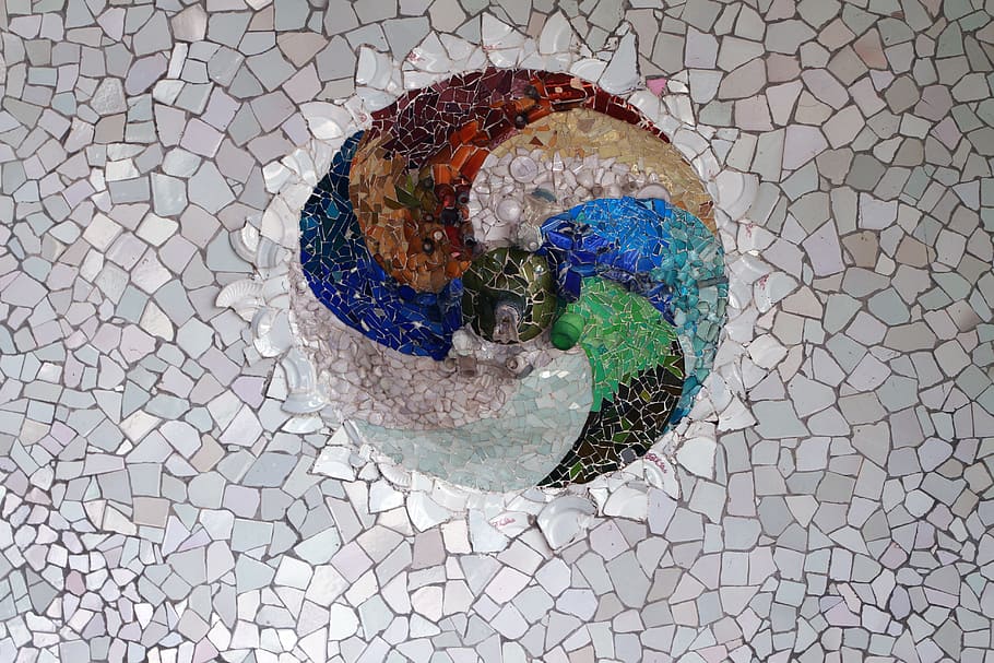 red, blue, and biege tiled wall decor, untitled, park guell, mosaic