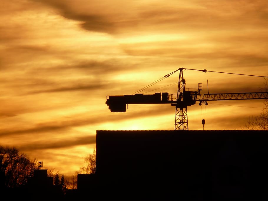 Crane, Technology, Sunset, baukran, back light, site, golden, HD wallpaper