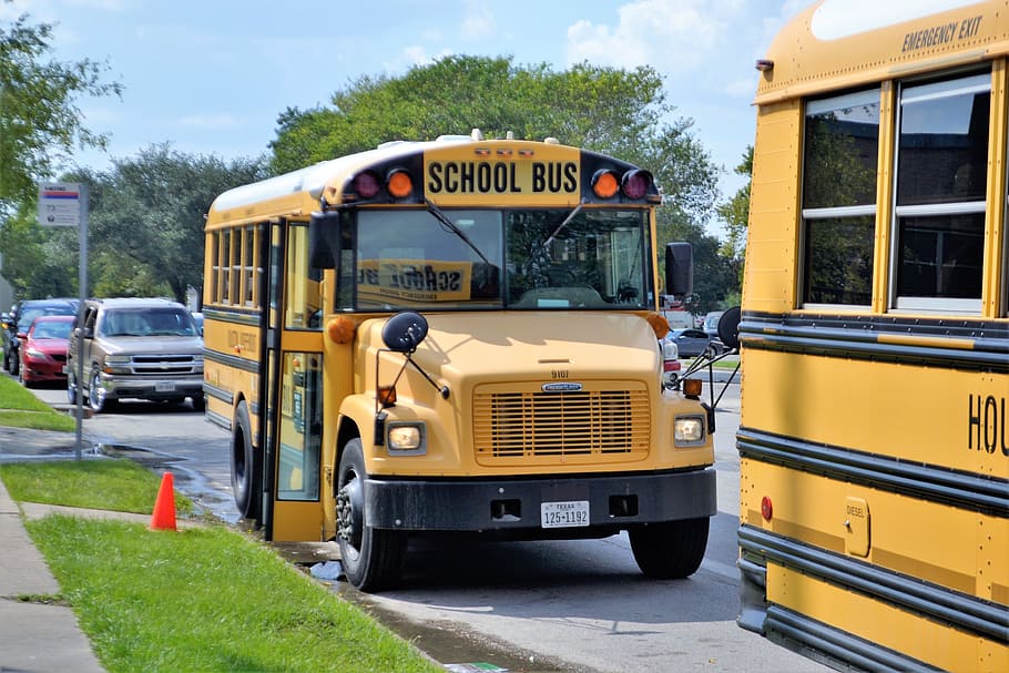 parked yellow school bus, school buses, houston texas, teachers