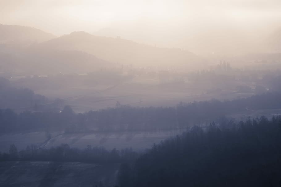 fogs at mountains, aerial photography of mountain range under golden hour HD wallpaper