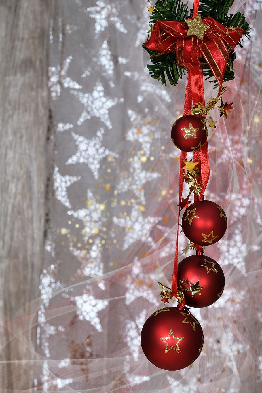 four red hanged baubles, christmas, christmas time, christmas decoration, HD wallpaper