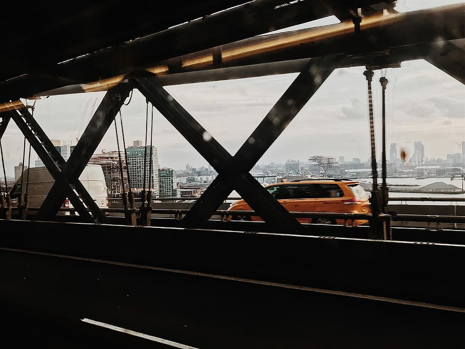 orange car on bidge, two orange and white cars on bridge, vehicle HD wallpaper