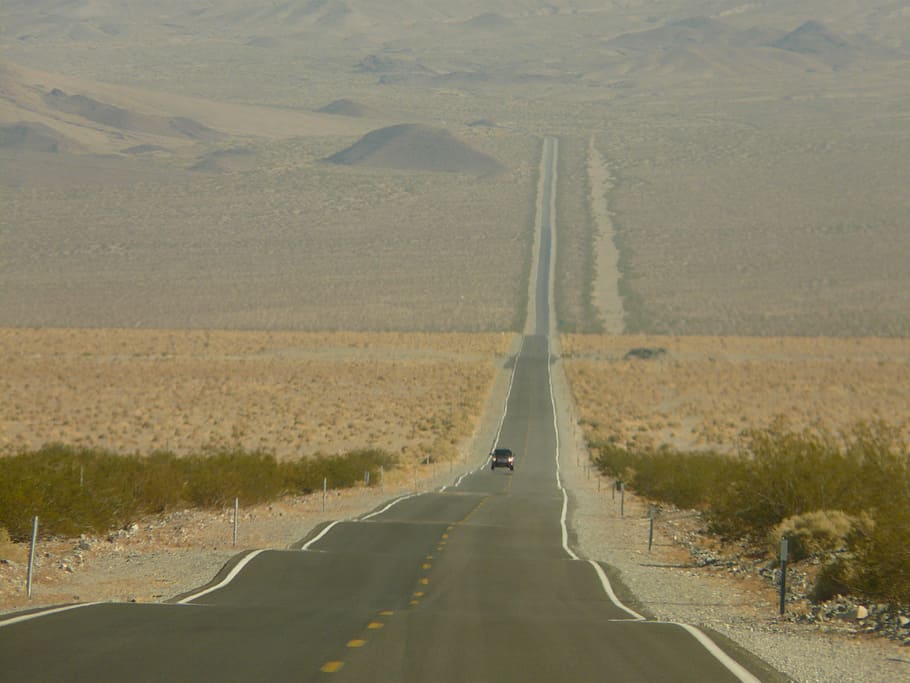 car driving on Death Valley road during daytime, straight road, HD wallpaper