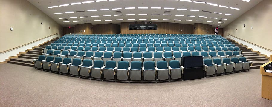 blue theater chairs, auditorium, classroom, lecture, education